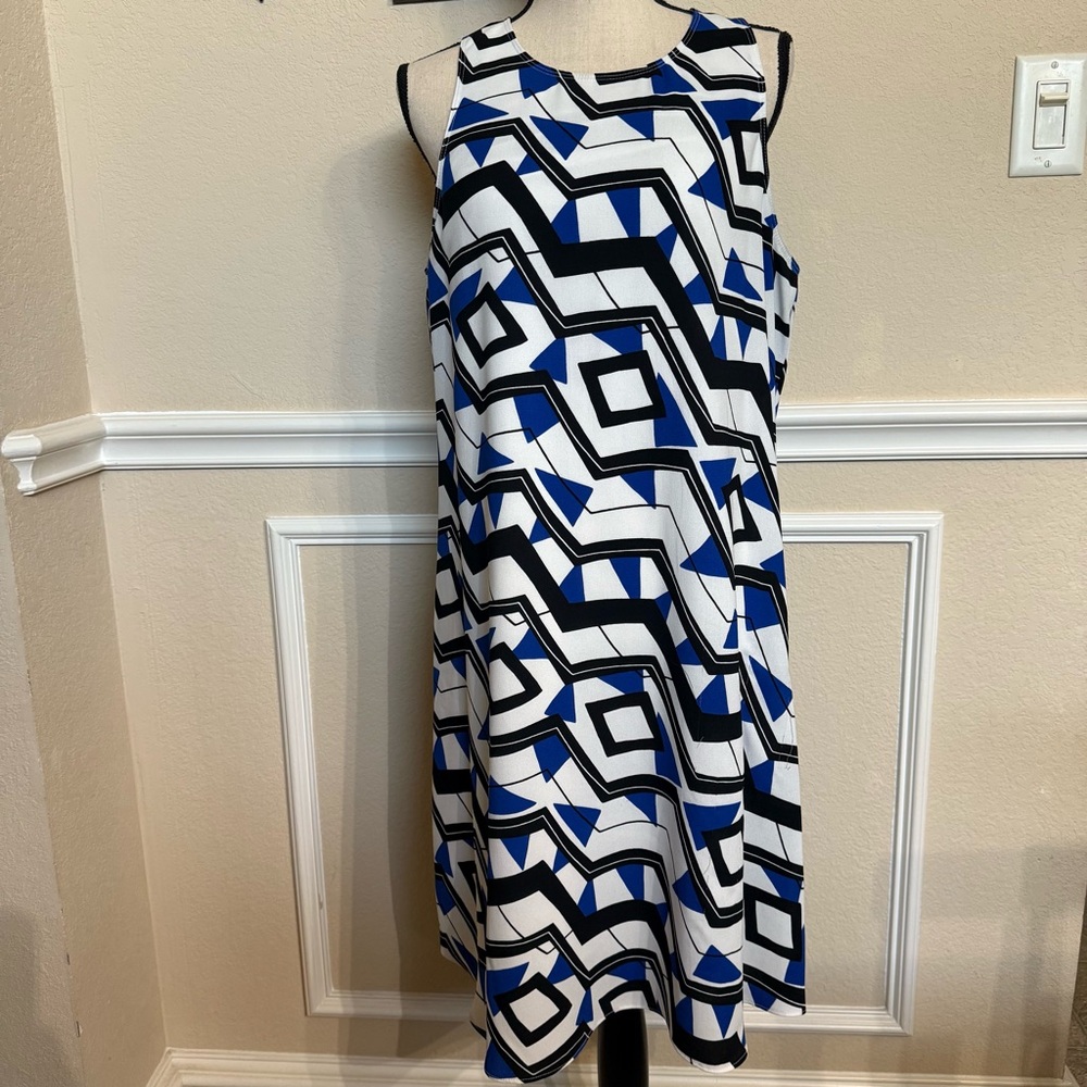 Apt 9 Royal Blue, Black and White Geometric A-Line Midi Dress back zipper Size L